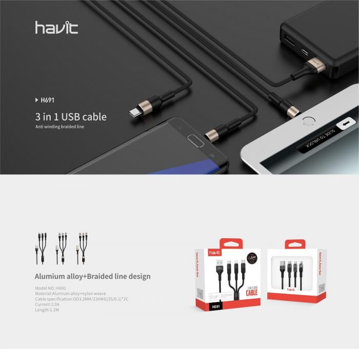 Havit - Havit 3in1 USB-A till Lightning/USB-C/Micro-USB Kabel 2.0A 1.2m - Svart