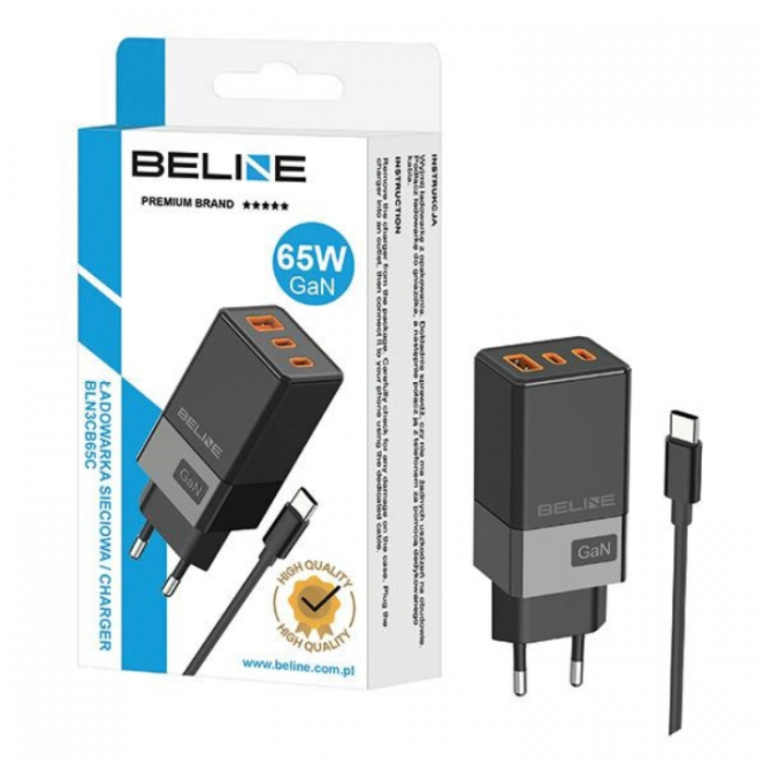 Beline - Beline Vggladdare 2x USB-C Till USB-A Med USB-C Kabel - Svart