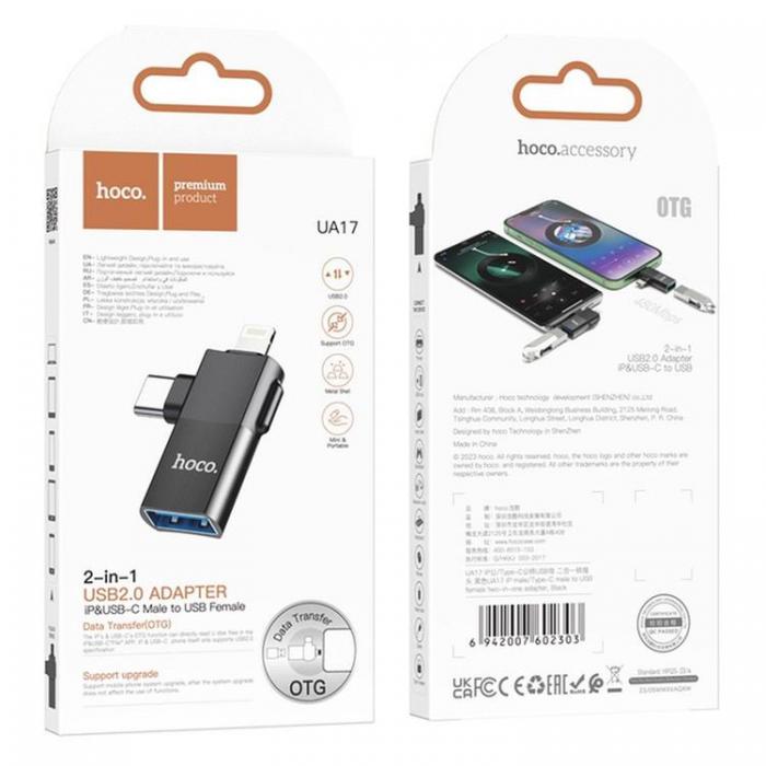 Hoco - Hoco 2in1 OTG Adapter Type-C/Lightning till USB-A UA17 - Svart