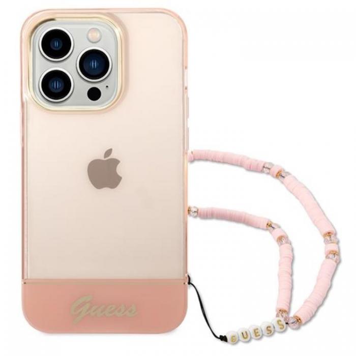 Guess - GUESS iPhone 14 Pro Skal Translucent Pearl Strap - Rosa