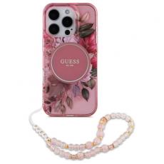 Guess - Guess iPhone 16 Pro Mobilskal MagSafe IML Flowers Med Pearl Strap - Rosa