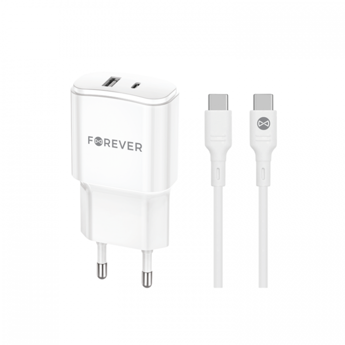 Maxlife - Forever Vggladdare USB/USB-C 20W med USB-C/USB-C Kabel QC PD