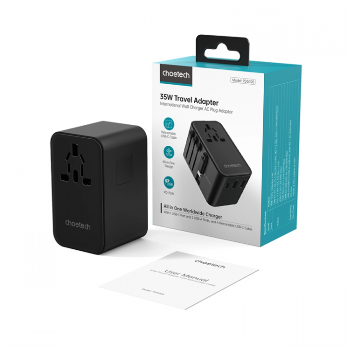 Choetech - Chotech Vggladdare Reseadapter 45W Med Built-In USB-C Kabel