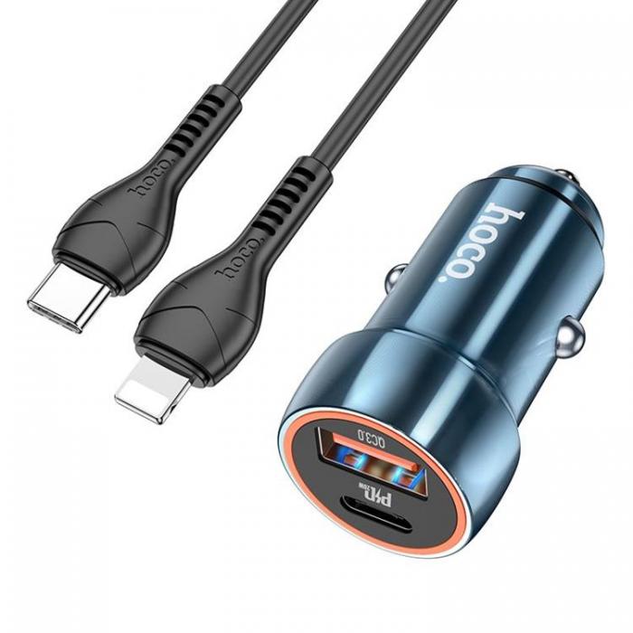 Hoco - Hoco Billaddare 20W USB-A/Typ-C + Kabel Typ-C Till Lightning - Safirbl