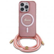 Guess - Guess iPhone 16 Pro Max Mobilskal MagSafe Crossbody Cord Script - Rosa