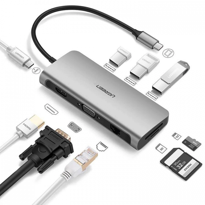 Ugreen - Ugreen 9in1 HUB USB-C Till USB-C, HDMI, VGA, RJ45, SD/TF Kortlsare, 3xUSB-A 3.0