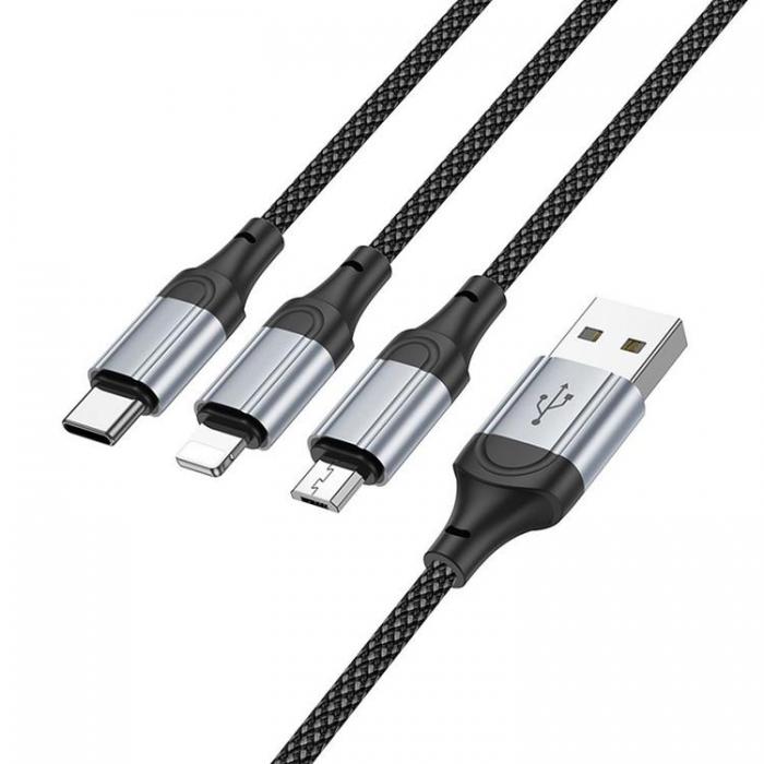 Hoco - Hoco 3in1 USB-A till Lightning, USB-C, Micro-USB Kabel 2.4A 1m X102 - Svart