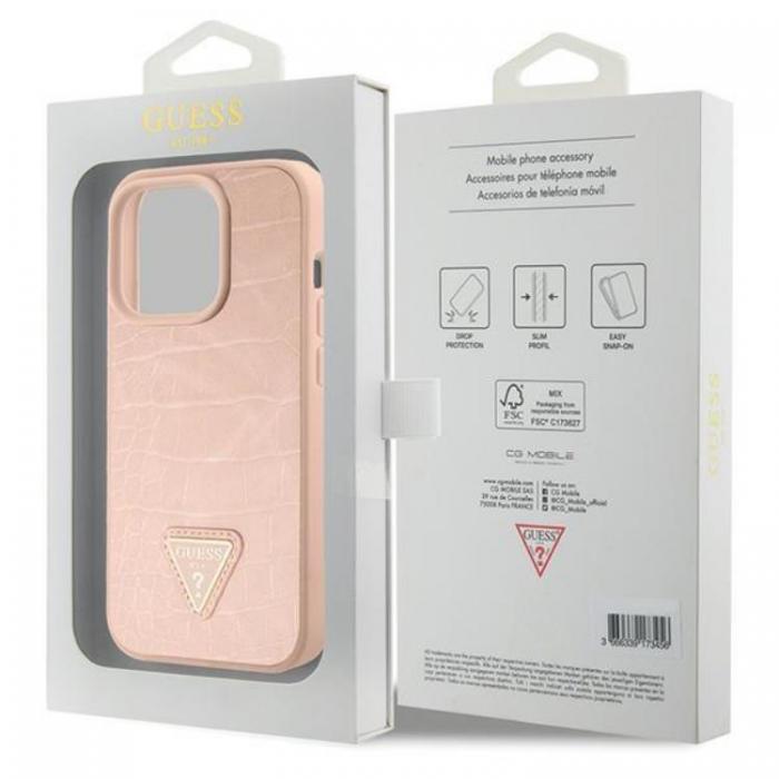 Guess - Guess iPhone 15 Mobilskal Croco Triangle Metal Logo - Rosa