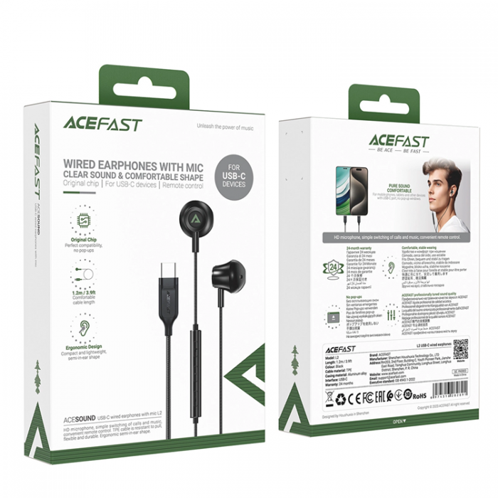 Acefast - Acefast L2 In-Ear Hrlurar USB-C, mikrofon och fjrrkontroll 1,2 m