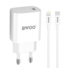 BWOO - BWOO Väggladdare 20W + Kabel USB-C Till Lightning 1m - Vit