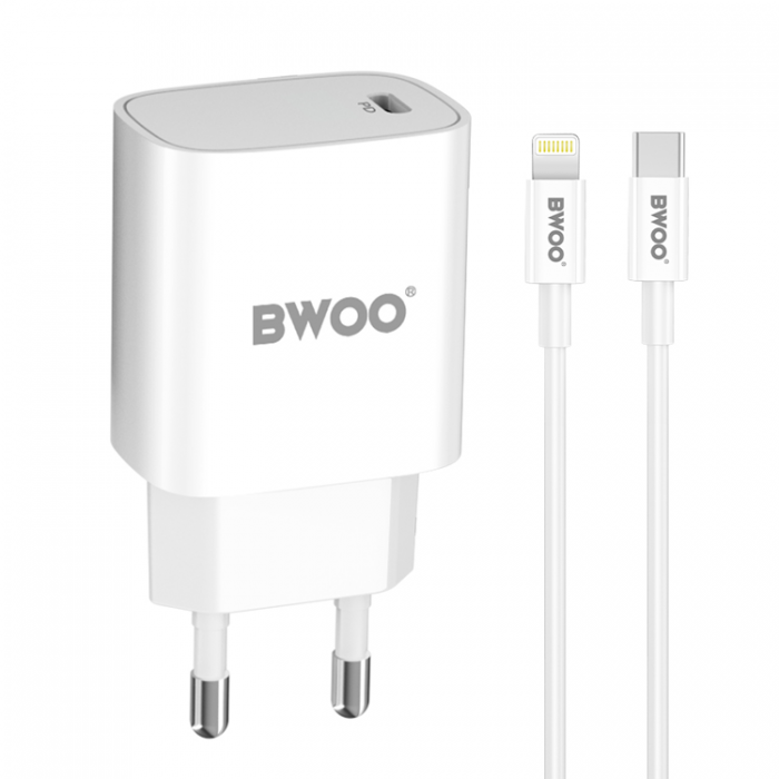 BWOO - BWOO Vggladdare 20W + Kabel USB-C Till Lightning 1m - Vit