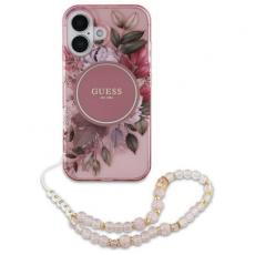 Guess - Guess iPhone 16 Mobilskal MagSafe IML Flowers Med Pearl Strap - Rosa