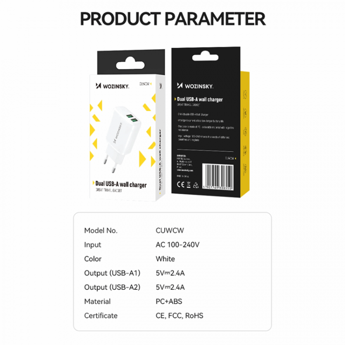 Wozinsky - Wozinsky Vggladdare CUWCW 2.4A 2 x USB-A - Vit