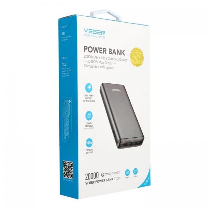 Veger - VEGER Powerbank 20000 mAh 100W PD QC 3.0 5A T100 - Svart