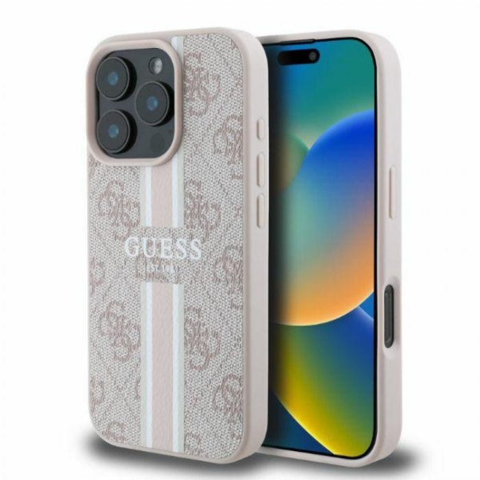 Guess - Guess iPhone 16 Pro Max Mobilskal Magsafe 4G Printed Stripes - Rosa