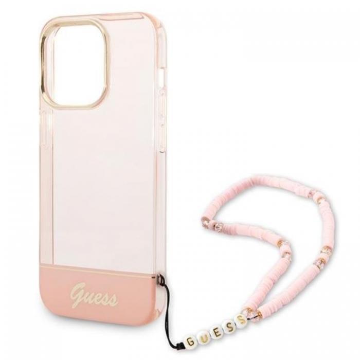 Guess - GUESS iPhone 14 Pro Max Skal Translucent Pearl Strap - Rosa