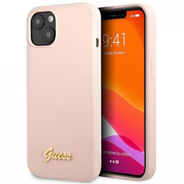 Guess - Guess iPhone 13 Mobilskal Silicone Script Gold Logo - Ljusrosa