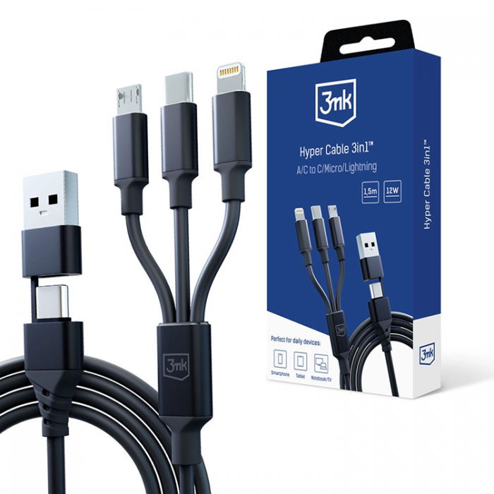 3MK - 3mk 3in1 USB-A till USB-C, Lightning, microUSB kabel 1.5m