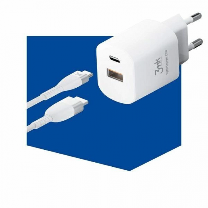 3MK - 3mk HyperCharger Vggladdare 1xUSB-C , 1xUSB-A - Vit