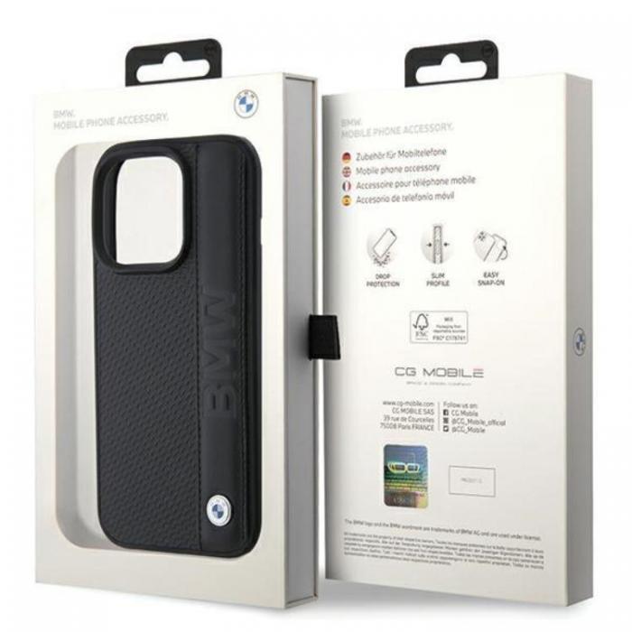 BMW - BMW iPhone 15 Pro Mobilskal Lder Textured & Stripe - Svart