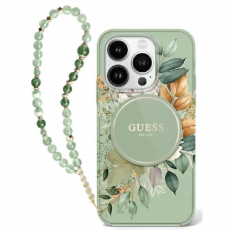 Guess - Guess iPhone 16 Plus Mobilskal MagSafe IML Flowers Med Pearl Strap - Grön