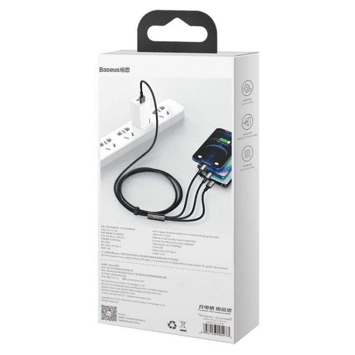 BASEUS - Baseus 3in1 USB-A till USB-C, Lightning, microUSB kabel 3,5 A 1.5m