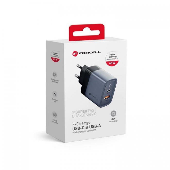 Forcell - Forcell F-Energy Vggladdare GaN 45W 1xUSB-C 1xUSB-A 4A PD QC 4.0