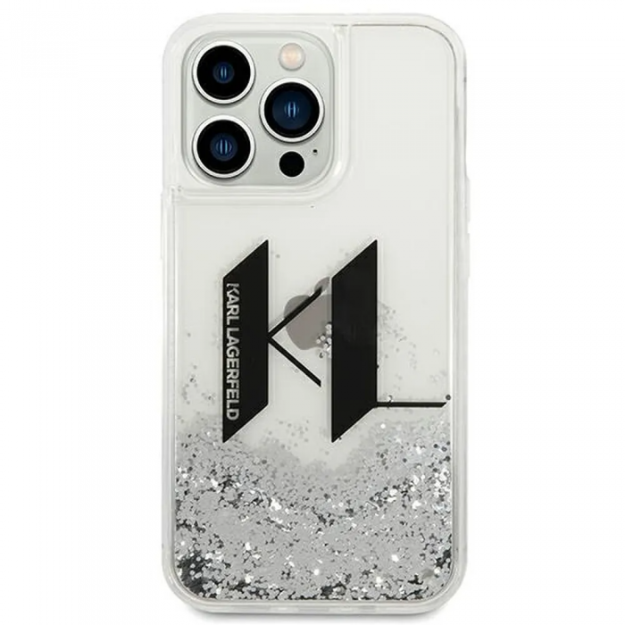 KARL LAGERFELD - Karl Lagerfeld iPhone 14 Pro Skal Liguid Glitter Big KL Logo - Silver