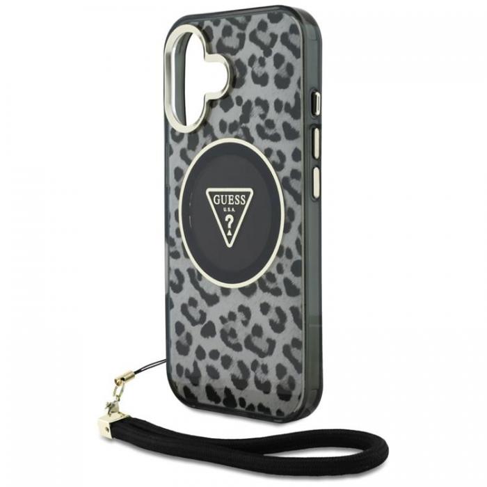 Guess - Guess iPhone 16 Mobilskal MagSafe IML Leopard Triangle Cord Strap - Svart