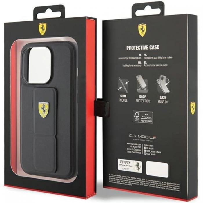 Ferrari - Ferrari iPhone 15 Pro Mobilskal Grip Stand Metal Logo - Svart