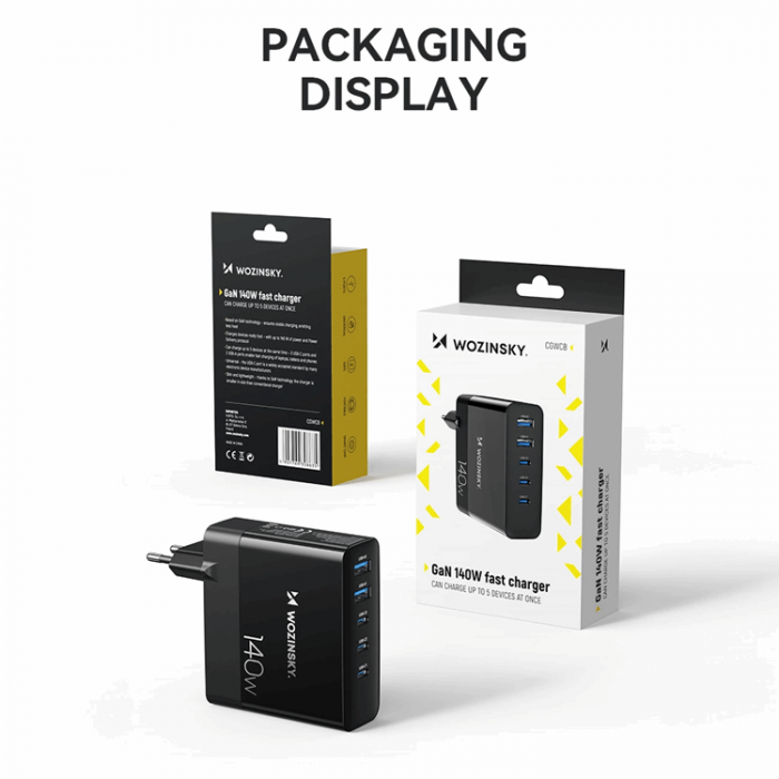 Wozinsky - Wozinsky Vggladdare 140W GaN 3 x USB-C/2 x USB-A - Svart