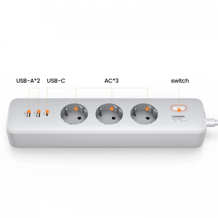 Ugreen - Ugreen Frlngningskabel 30W Med Strmbrytare 3xAC 1xUSB-C 2xUSB-A - Vit