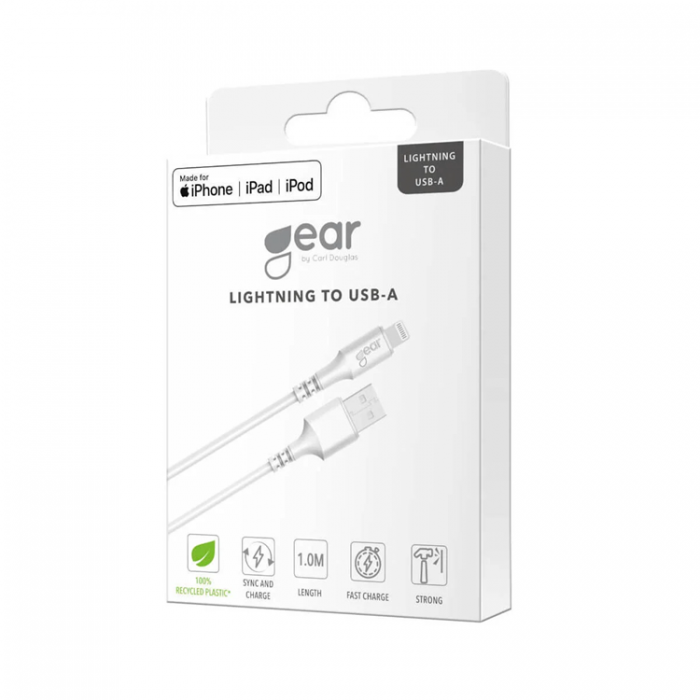 GEAR - GEAR USB-A till Lightning kabel 1m Vit MFI Rund kabel