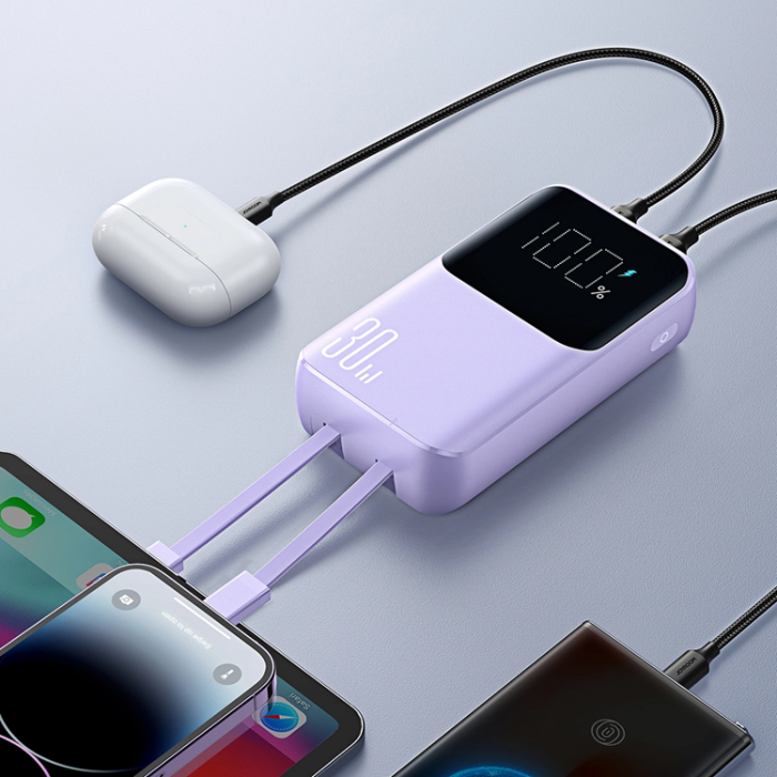 Joyroom - Joyroom Powerbank 10000mAh 30W med Lightning/USB-C Kablar - Lila