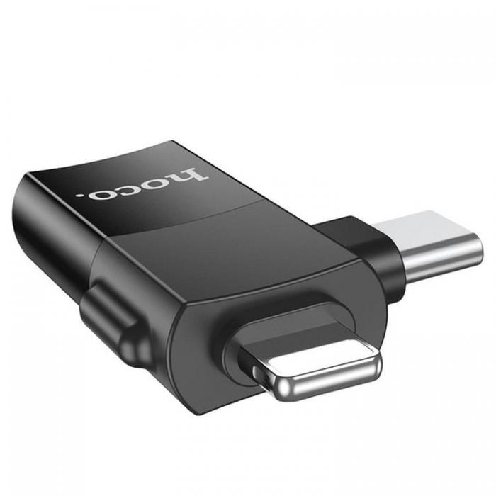 Hoco - Hoco 2in1 OTG Adapter Type-C/Lightning till USB-A UA17 - Svart