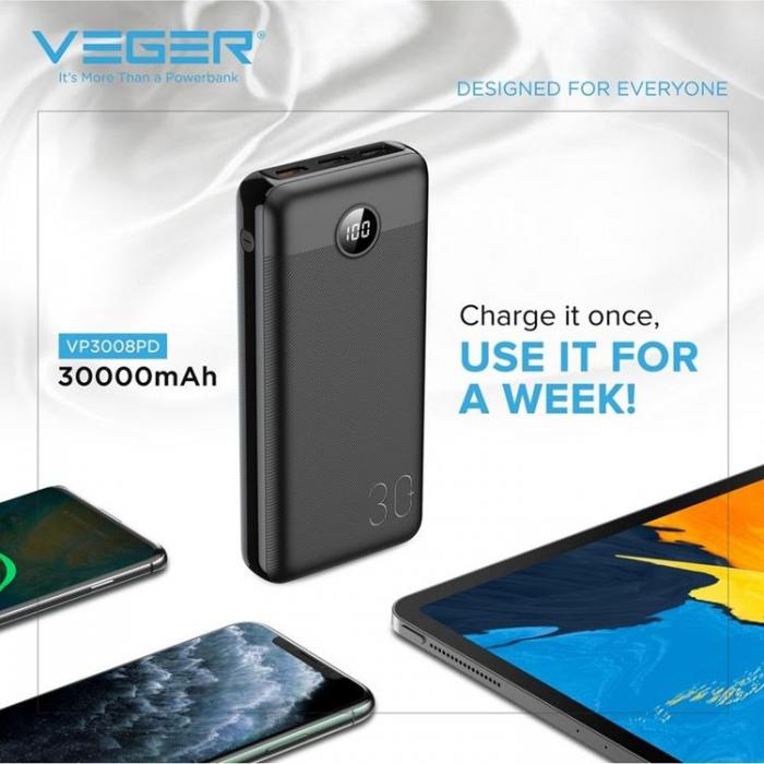 Veger - VEGER Powerbank 30000 mAh PD QC 3.0 3A 20W L30 - Svart