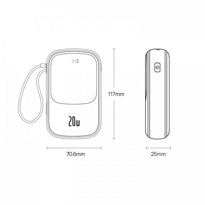 BASEUS - Baseus Powerbank Qpow 10000mAh 20W med Inbyggd Lightning Kabel - Svart