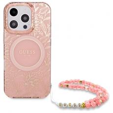 Guess - Guess iPhone 16 Pro Mobilskal MagSafe IML Flowers Med Strap - Rosa