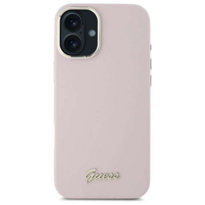 Guess - Guess iPhone 16 Plus Mobilskal Silikon Script Metal Logo - Rosa