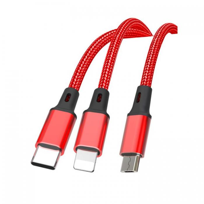 XO - XO 3in1 USB-A Till Lightning, USB-C, Micro-USB Kabel 2.4A 1.2m -Rd