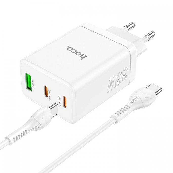 Hoco - Hoco Vggladdare 35W 2xType C + USB A med Typ-C Kabel 1m - Vit