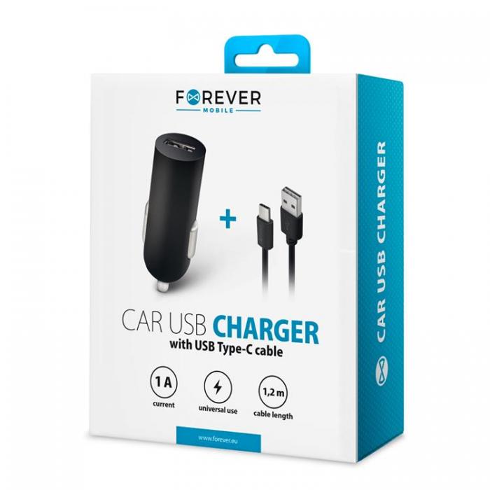 Forever - Forever Billaddare 1xUSB 1A + USB-C kabel M02 - Svart