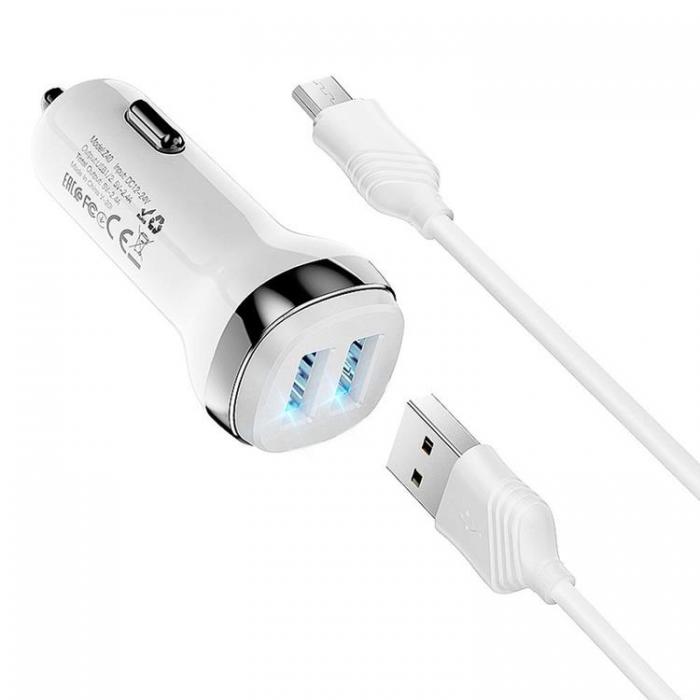 Hoco - HOCO Billaddare 2xUSB-A + Kabel USB-A Till Micro-USB 2,4A - Vit