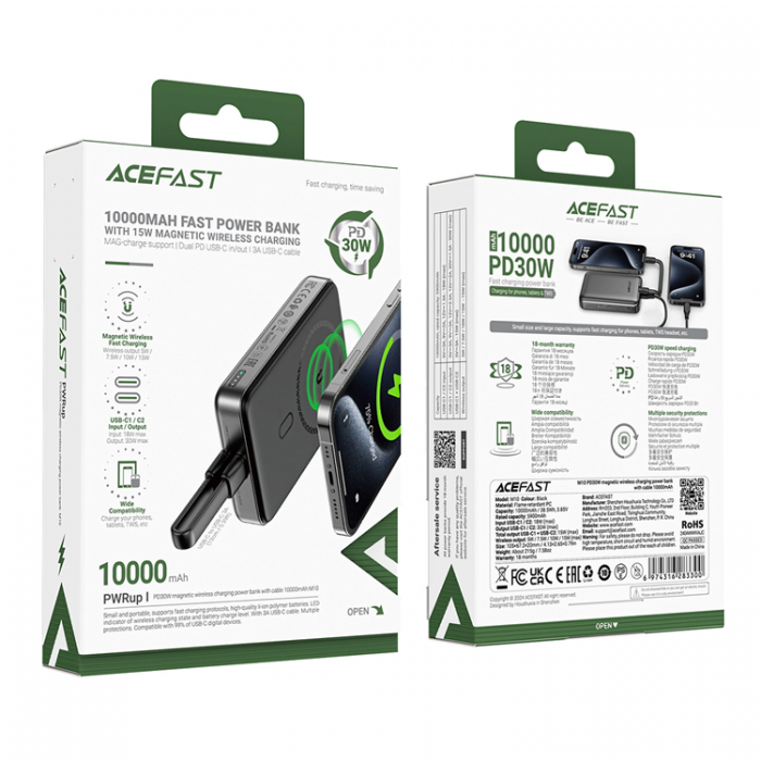 Acefast - Acefast Powerbank 10000mAh M10 Magnetic 2x USB-C PD 30W - Svart