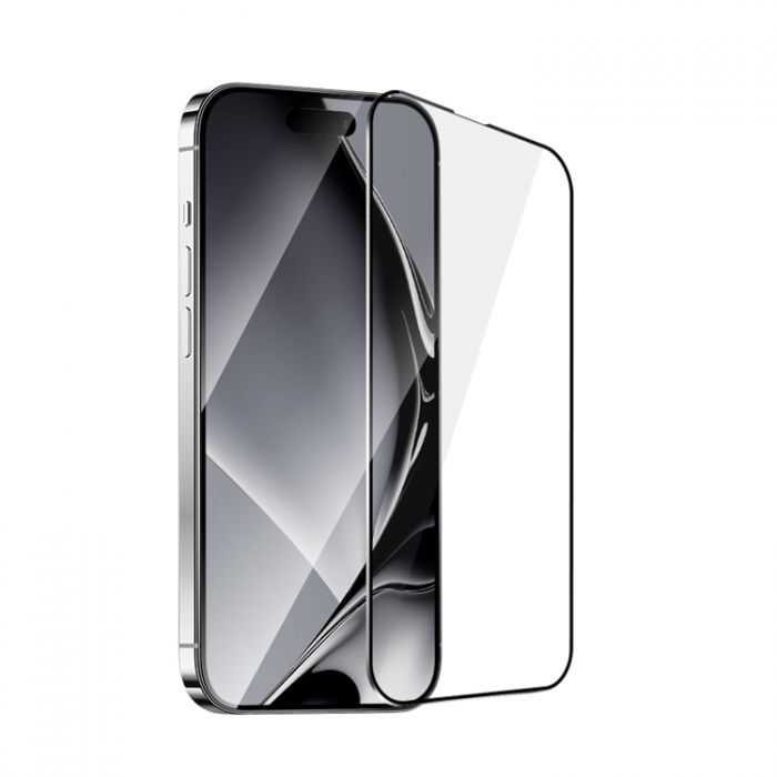 A-One Brand - iPhone 16 Hrdat Glas Skrmskydd Metall Ram - Svart