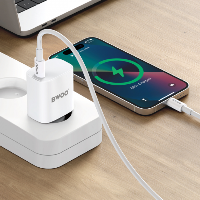 BWOO - BWOO Vggladdare 20W + Kabel USB-C Till USB-C 1m - Vit