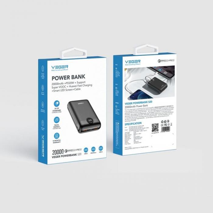 Veger - VEGER Powerbank 20000 mAh PD QC 3.0 2A 22.5W S20 - Svart