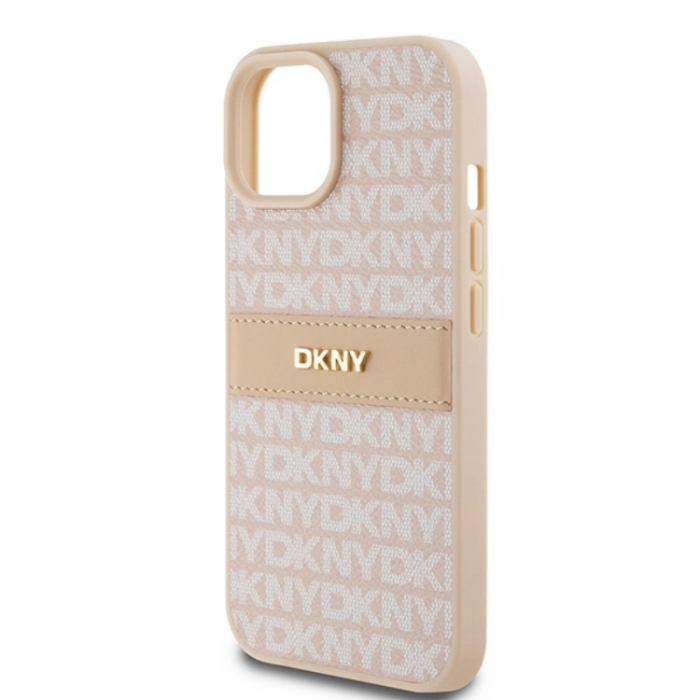 DKNY - DKNY iPhone 15/14/13 Mobilskal Lder Mono Stripe & Metal Logo - Rosa