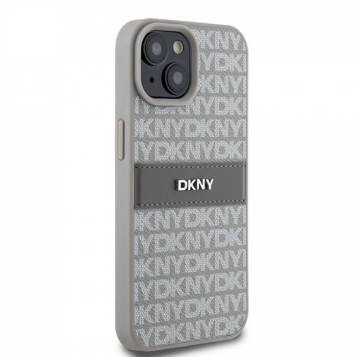 DKNY - DKNY iPhone 15/14/13 Mobilskal Lder Mono Stripe & Metal Logo - Beige