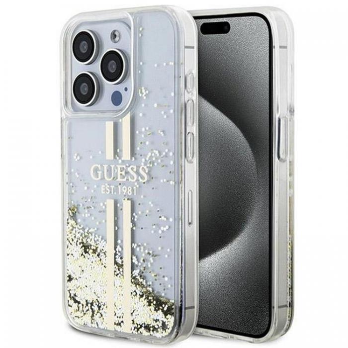 Guess - Guess iPhone 15 Pro Mobilskal Liquid Glitter Gold Stripes